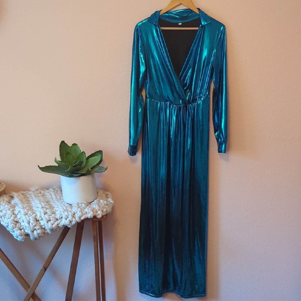 Metallic Teal Long Sleeve Dress